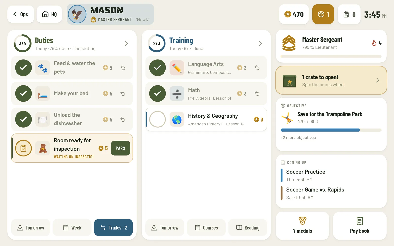 A kid’s dashboard with today’s duties checked off, training lessons for language arts, math and history, their rank, a crate to open, an objective and upcoming events.