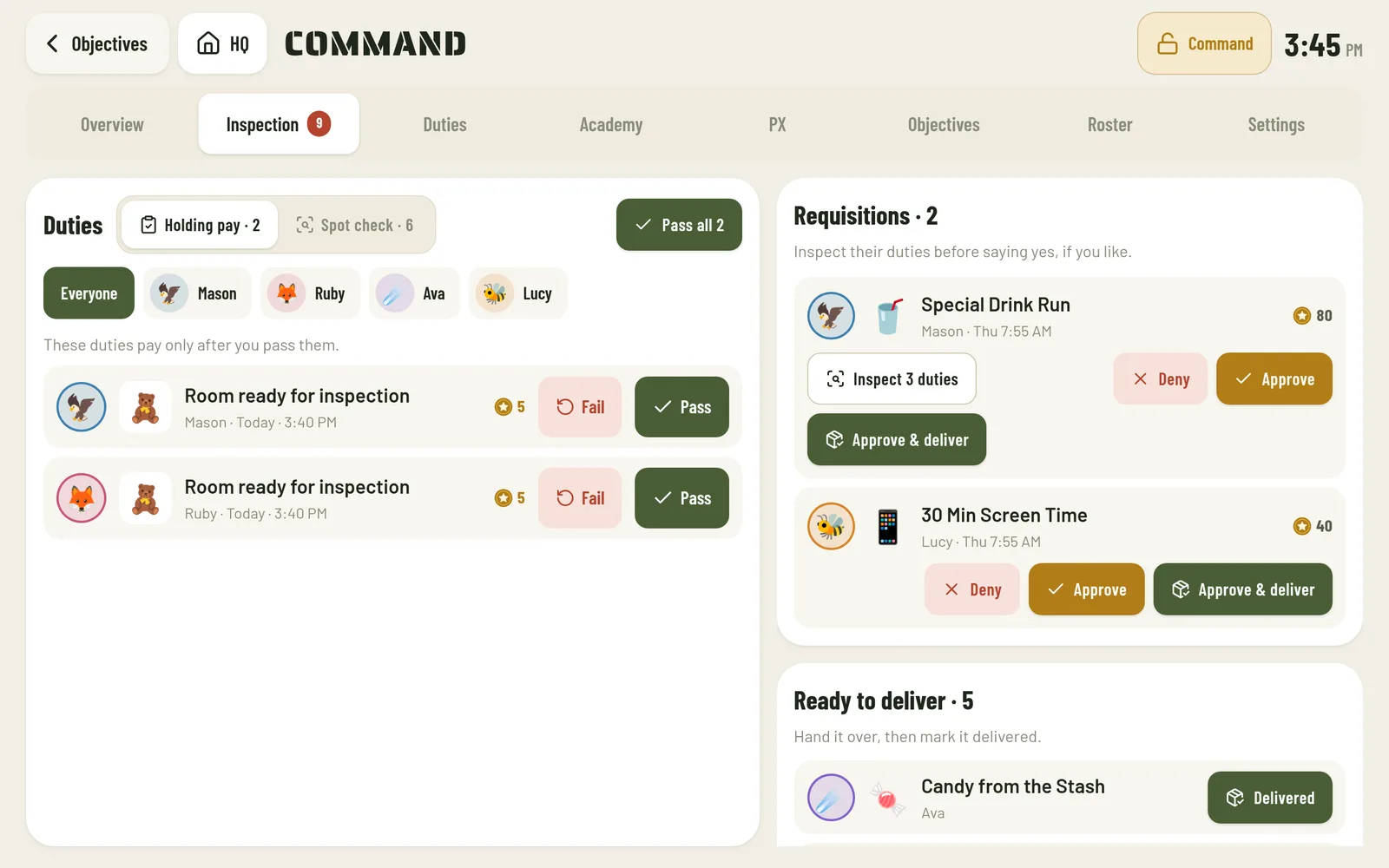 Command’s Inspection tab with duties holding pay waiting for a pass or fail, reward requisitions to approve, and rewards ready to deliver.