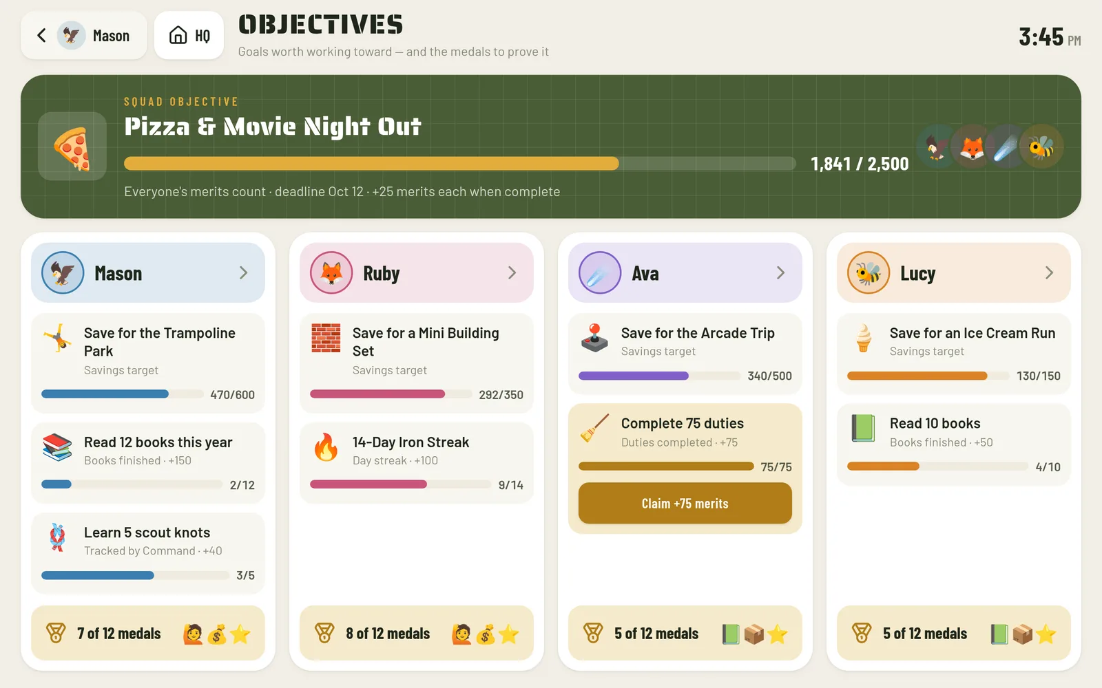 Objectives screen with a squad objective progress bar for a pizza and movie night, and each kid’s personal goals and medal counts.