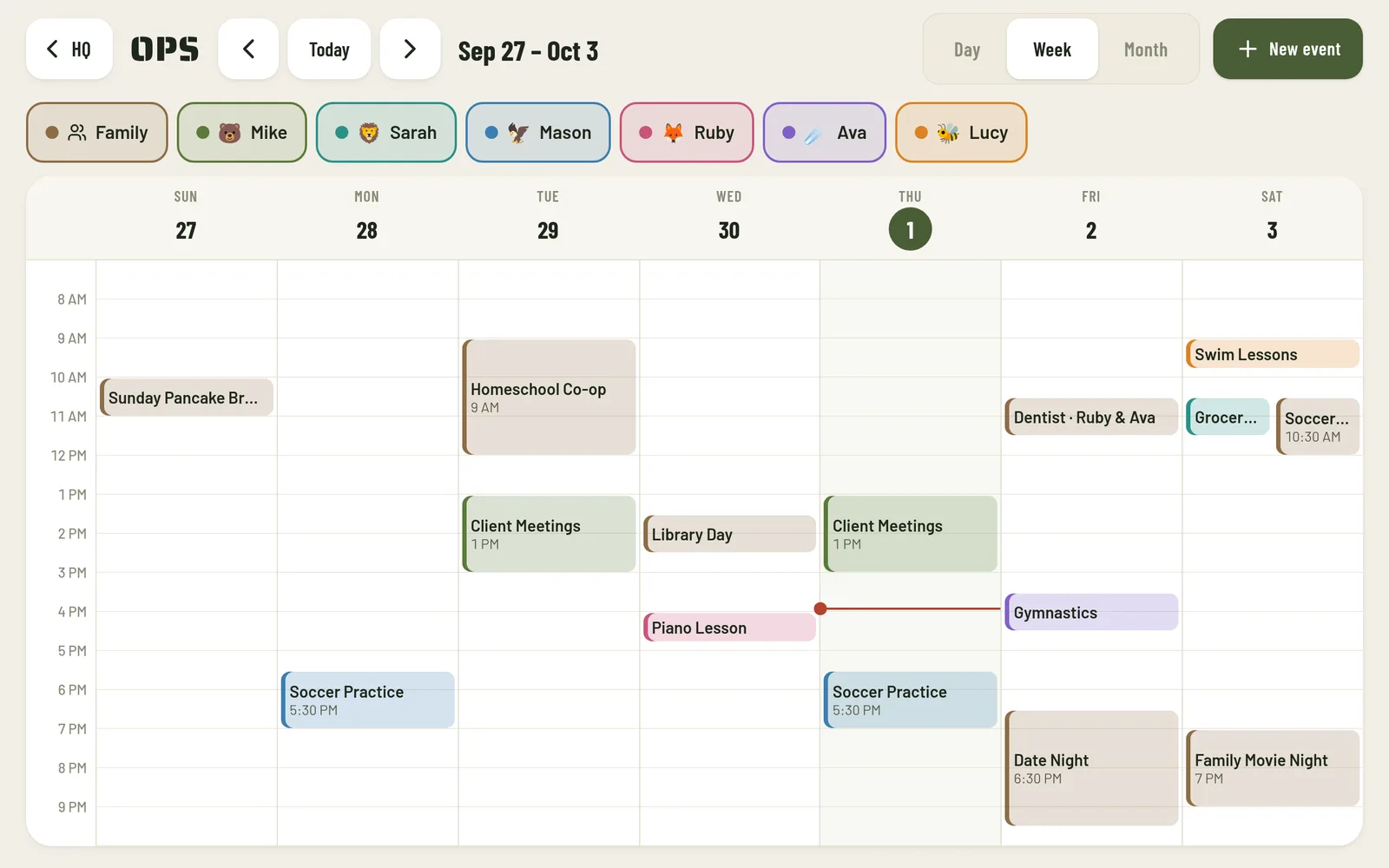 Ops week view with color-coded events such as soccer practice, piano lesson, gymnastics and family movie night, with filter chips for each family member.