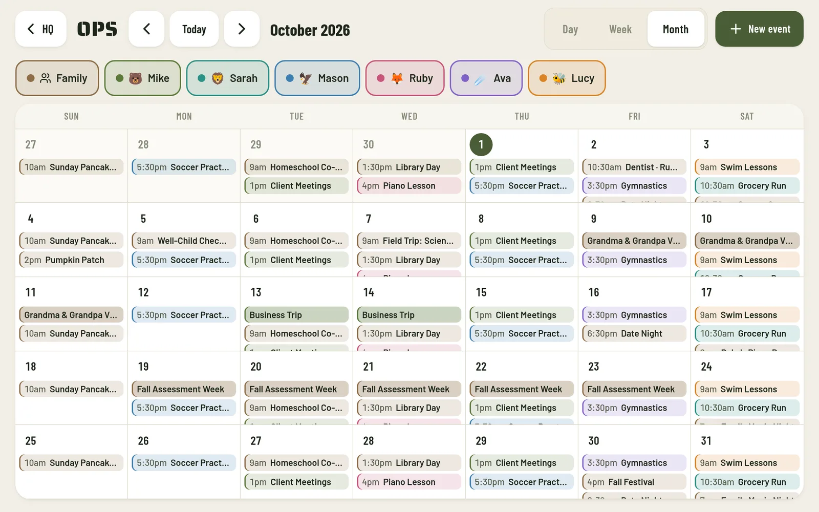 Ops month view filled with the family’s color-coded events.