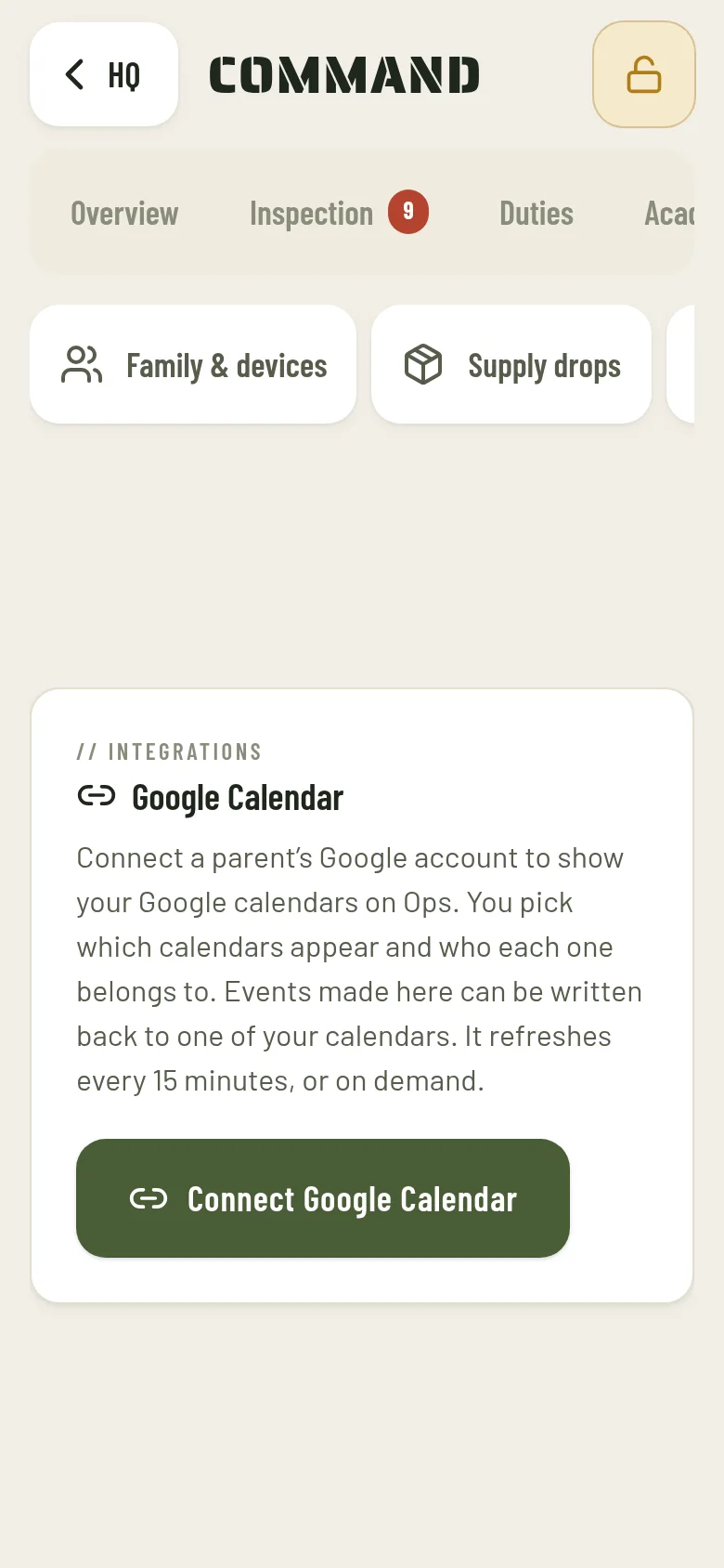 Command settings on a phone with the Connect Google Calendar button.