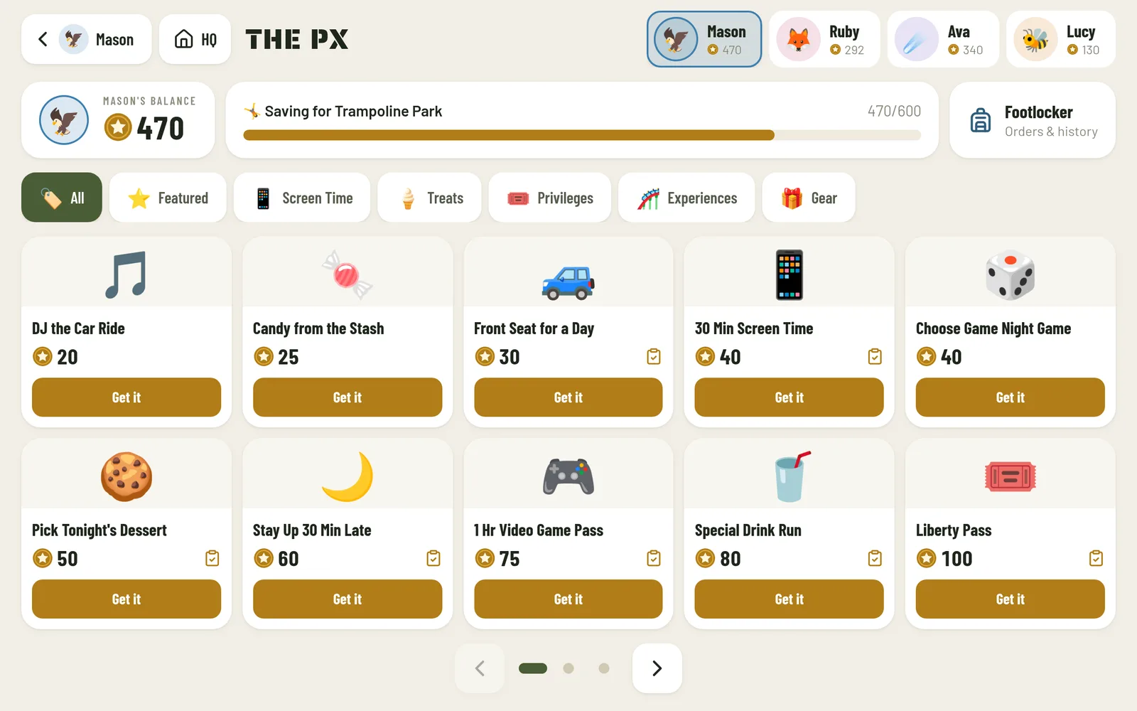 The PX rewards store showing a kid’s Merit balance, a savings goal and rewards like 30 minutes of screen time, candy from the stash and a front seat for a day.